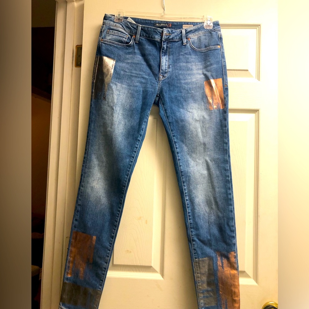 Denim jeans, with silver & rose gold patchwork; regular length